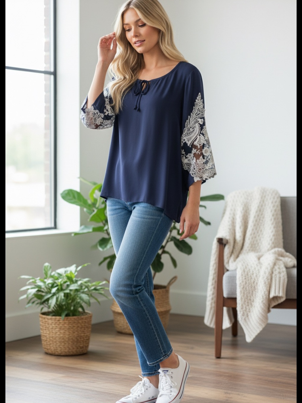 Navy Lace-Sleeve Tie-Neck Blouse